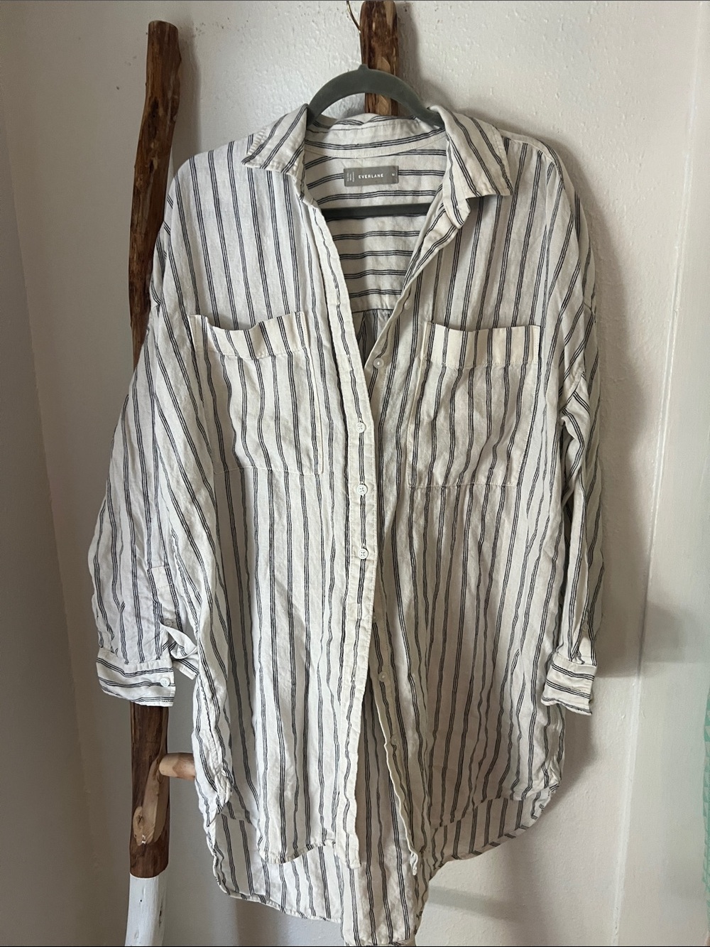 Everlane Oversized White & Gray Black Vertical Stripe Button-Down Linen Shirt M